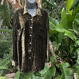 Chico’s leopard print silk velvet button-down shirt